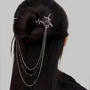 Gothic Rose Hairpin & decorative Chain engraved details Silver Tone New
